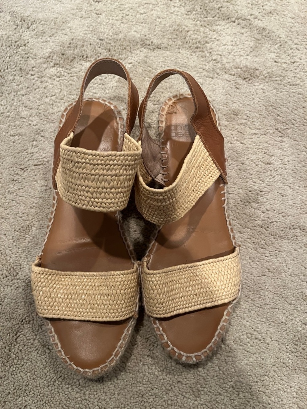 Andre Assous Tan Leather & Natural Woven Espadrille Wedges